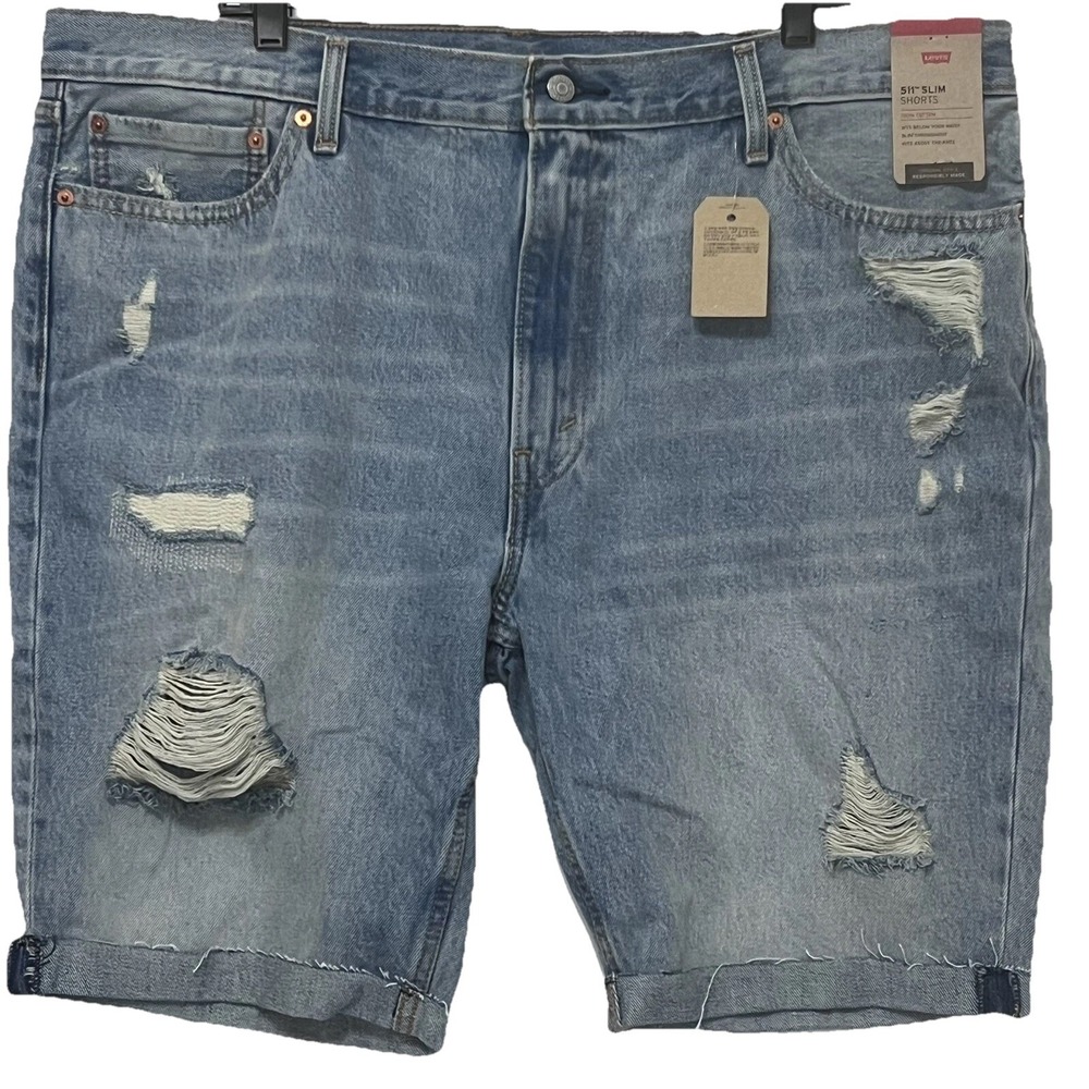 Levis 511 Slim Blue Denim Shorts Torn Ripped Distressed Hem Men Size 42